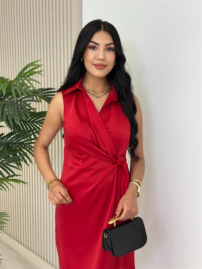 Yandan Fermuarlı Pamuk Saten Kruvaze Elbise Kırmızı