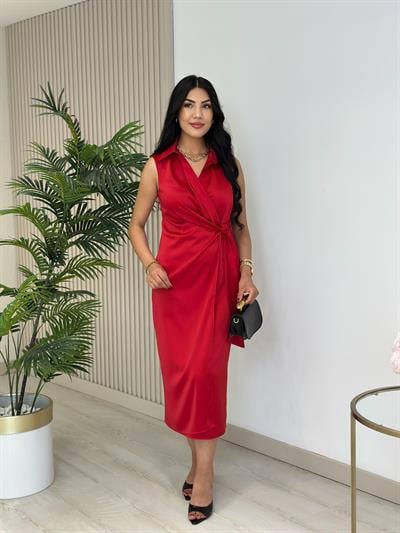 Yandan Fermuarlı Pamuk Saten Kruvaze Elbise Kırmızı
