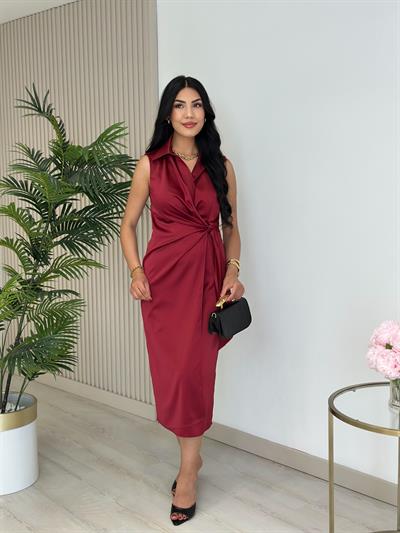 Yandan Fermuarlı Pamuk Saten Kruvaze Elbise Bordo