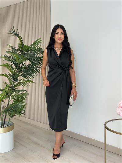 Yandan Fermuarlı Pamuk Saten Kruvaze Elbise Siyah