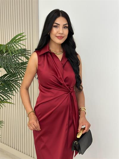 Yandan Fermuarlı Pamuk Saten Kruvaze Elbise Bordo