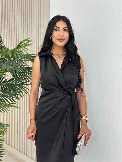 Yandan Fermuarlı Pamuk Saten Kruvaze Elbise Siyah