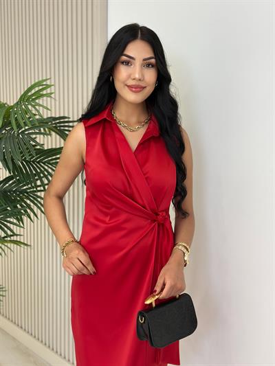 Yandan Fermuarlı Pamuk Saten Kruvaze Elbise Kırmızı