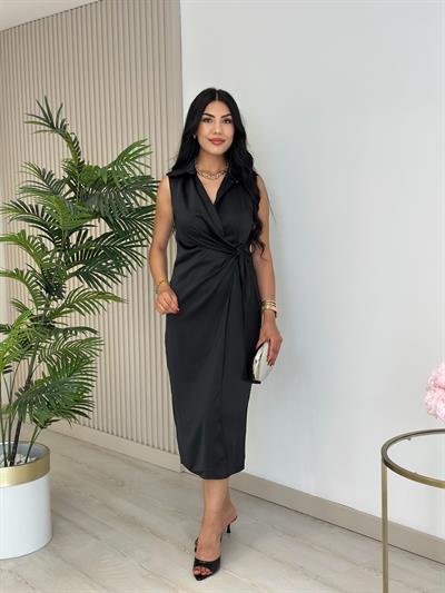 Yandan Fermuarlı Pamuk Saten Kruvaze Elbise Siyah