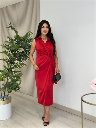 Yandan Fermuarlı Pamuk Saten Kruvaze Elbise Kırmızı