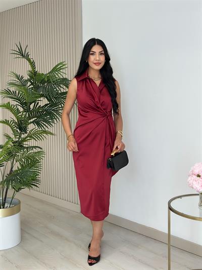 Yandan Fermuarlı Pamuk Saten Kruvaze Elbise Bordo