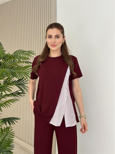 Yanı Gömlek Detaylı Bol Paça Modal Takım Bordo
