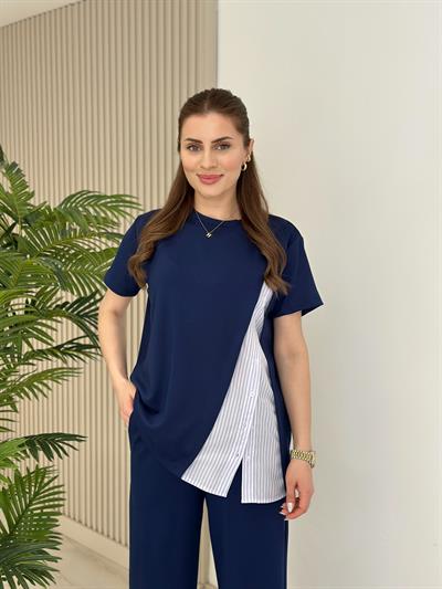 Yanı Gömlek Detaylı Bol Paça Modal Takım Lacivert