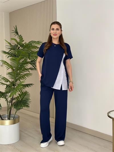 Yanı Gömlek Detaylı Bol Paça Modal Takım Lacivert