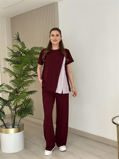 Yanı Gömlek Detaylı Bol Paça Modal Takım Bordo
