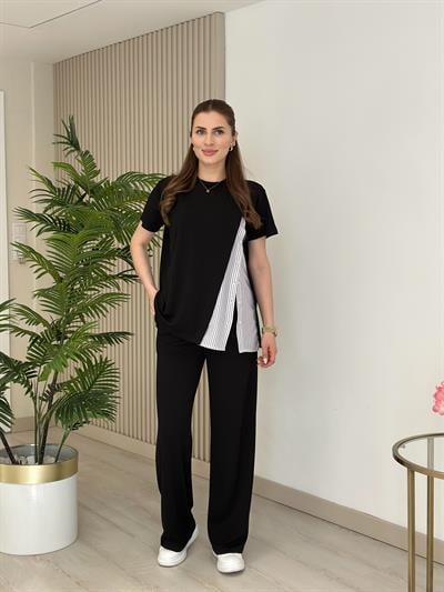 Yanı Gömlek Detaylı Bol Paça Modal Takım Siyah