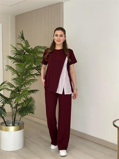 Yanı Gömlek Detaylı Bol Paça Modal Takım Bordo