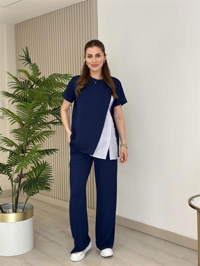 Yanı Gömlek Detaylı Bol Paça Modal Takım Lacivert