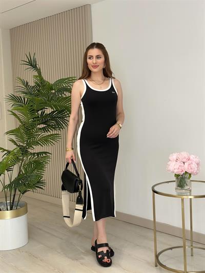 Yanları Beyaz Çizgili Modal Kumaş Elbise Siyah