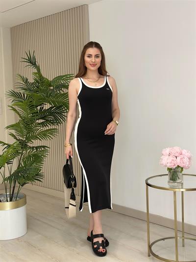 Yanları Beyaz Çizgili Modal Kumaş Elbise Siyah