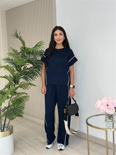 Yanları Çizgili Modal Kumaş Takım Lacivert 