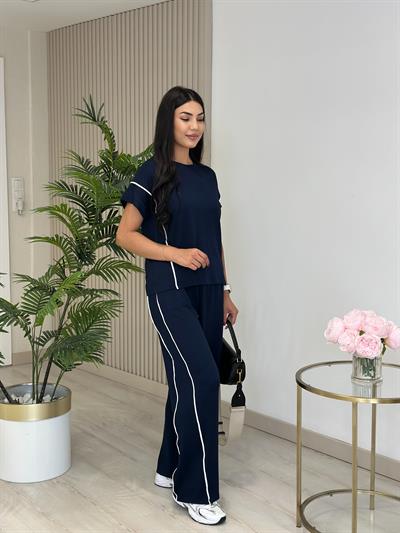Yanları Çizgili Modal Kumaş Takım Lacivert 