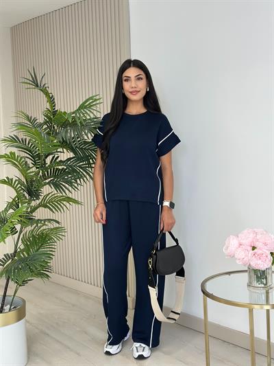 Yanları Çizgili Modal Kumaş Takım Lacivert 