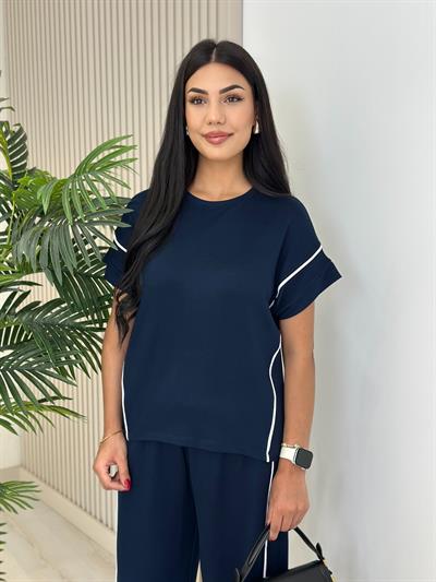 Yanları Çizgili Modal Kumaş Takım Lacivert 