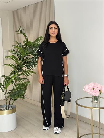 Yanları Çizgili Modal Kumaş Takım Siyah