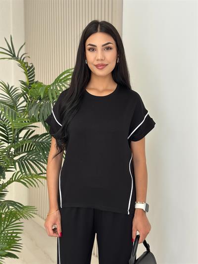 Yanları Çizgili Modal Kumaş Takım Siyah