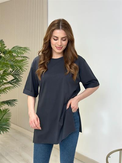 Yanları Yırtmaçlı Oversıze Dubble Kol Tshirt Antrasit