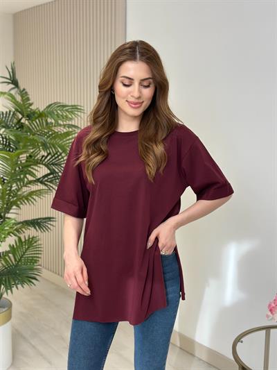 Yanları Yırtmaçlı Oversıze Dubble Kol Tshirt Bordo