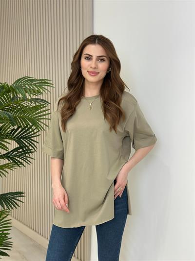 Yanları Yırtmaçlı Oversıze Dubble Kol Tshirt Haki