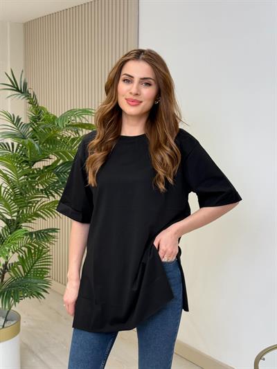 Yanları Yırtmaçlı Oversıze Dubble Kol Tshirt Siyah
