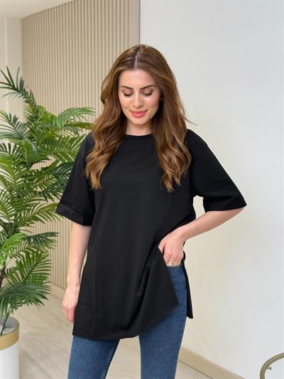 Yanları Yırtmaçlı Oversıze Dubble Kol Tshirt Siyah