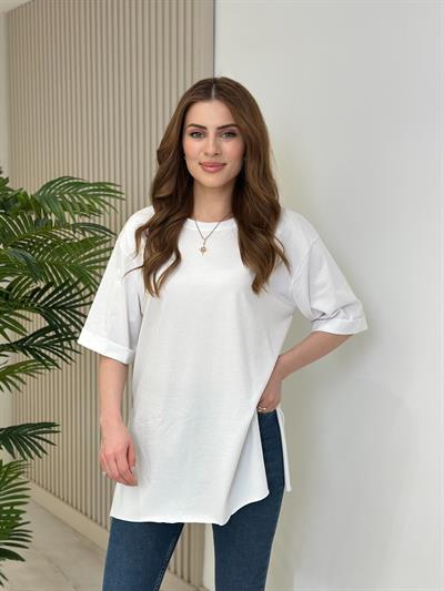 Yanları Yırtmaçlı Oversıze Dubble Kol Tshirt Beyaz
