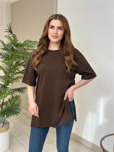 Yanları Yırtmaçlı Oversıze Dubble Kol Tshirt Kahve