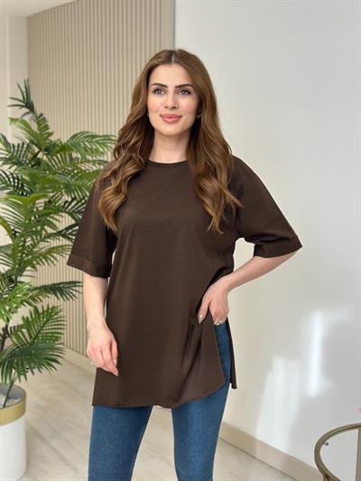 Yanları Yırtmaçlı Oversıze Dubble Kol Tshirt Kahve