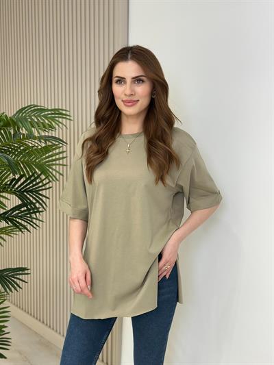 Yanları Yırtmaçlı Oversıze Dubble Kol Tshirt Haki