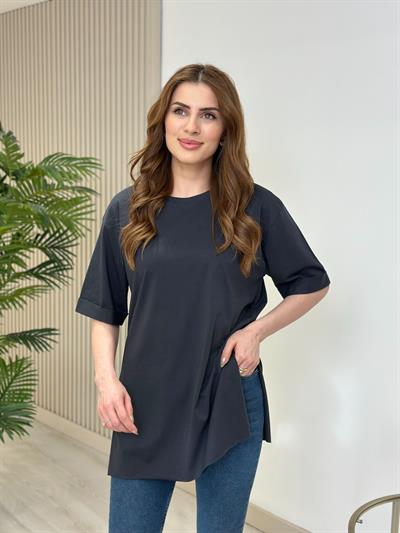 Yanları Yırtmaçlı Oversıze Dubble Kol Tshirt Antrasit