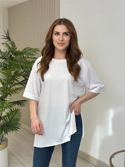 Yanları Yırtmaçlı Oversıze Dubble Kol Tshirt Beyaz