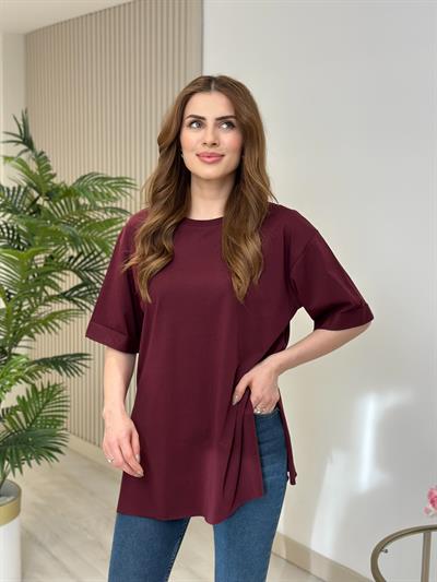 Yanları Yırtmaçlı Oversıze Dubble Kol Tshirt Bordo