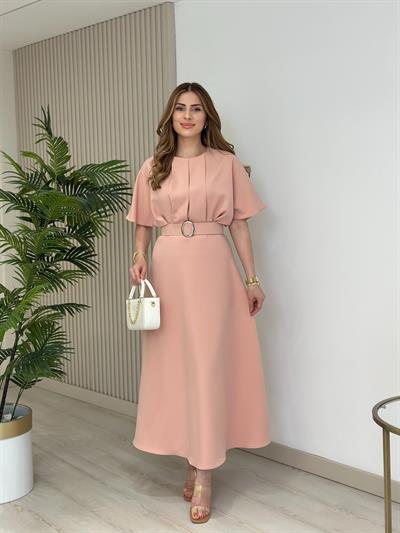 Yarasa Kol Kemer Detaylı Elbise Pudra