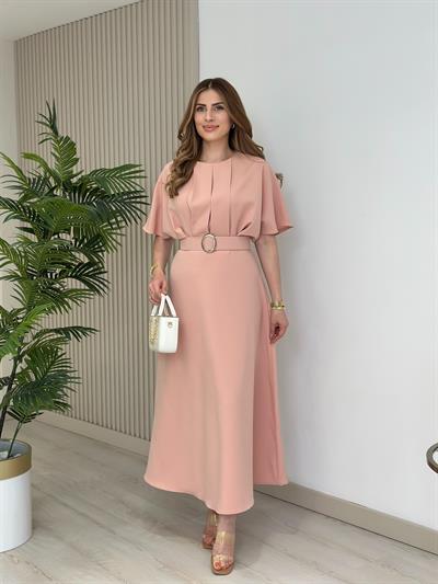Yarasa Kol Kemer Detaylı Elbise Pudra