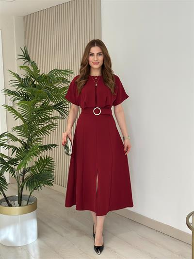 Yarasa Kol Kemerli Elbise Bordo