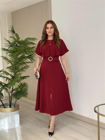 Yarasa Kol Kemerli Elbise Bordo