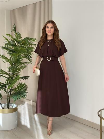 Yarasa Kol Kemerli Elbise Kahve