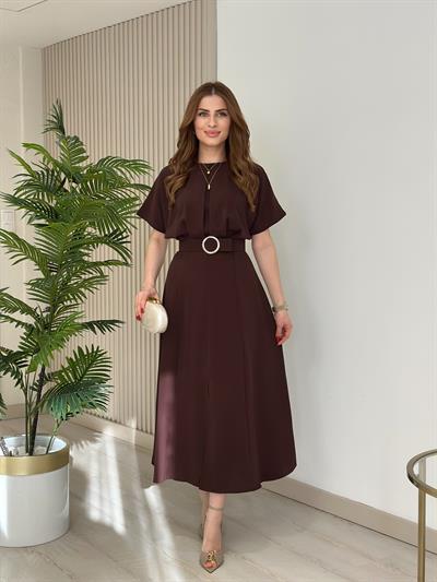 Yarasa Kol Kemerli Elbise Kahve