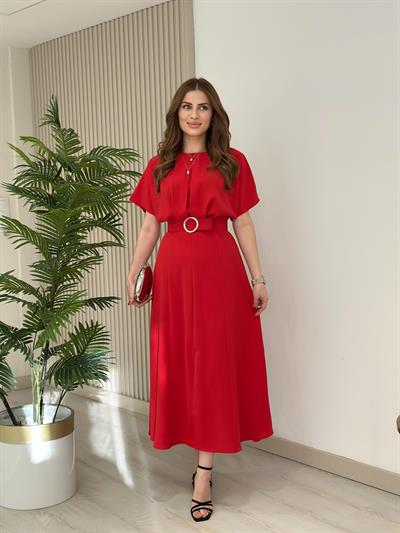 Yarasa Kol Kemerli Elbise Kırmızı