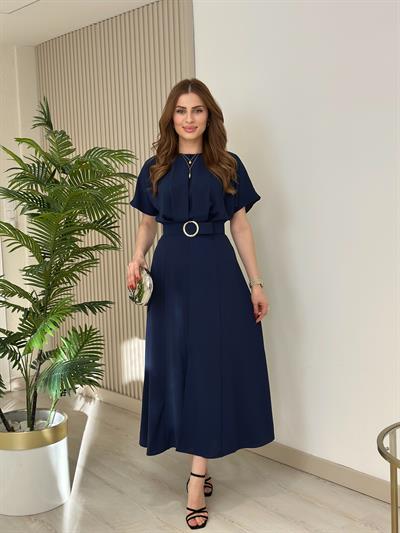 Yarasa Kol Kemerli Elbise Lacivert