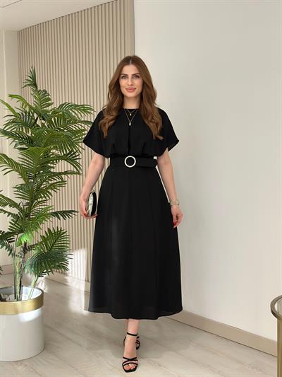 Yarasa Kol Kemerli Elbise Siyah