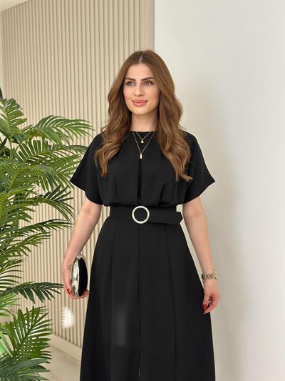 Yarasa Kol Kemerli Elbise Siyah