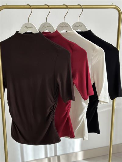 Yarım Balıkçı Yaka Çilek Kumaş Beli Büzgü Detaylı Tshirt Kahve