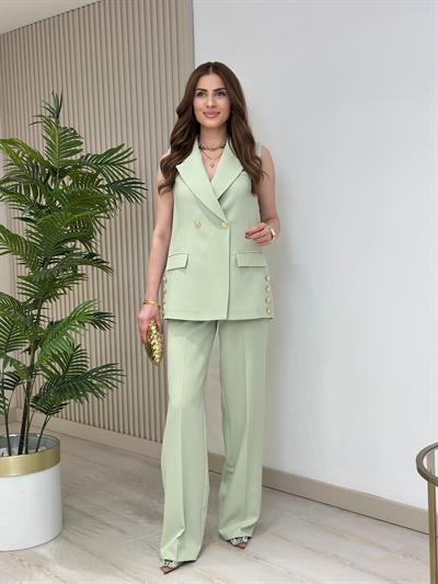 Yeleği Gold Düğmeli Takım Mint