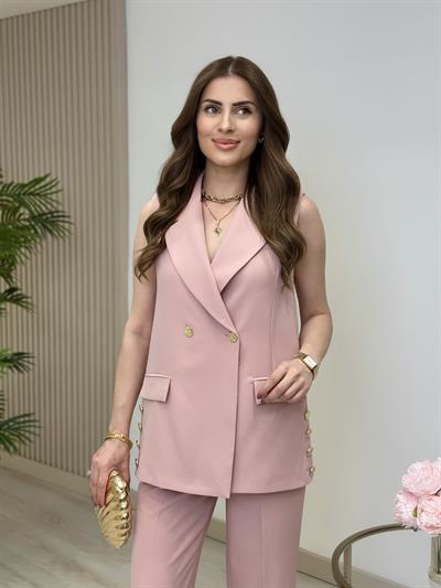 Yeleği Gold Düğmeli Takım Pudra